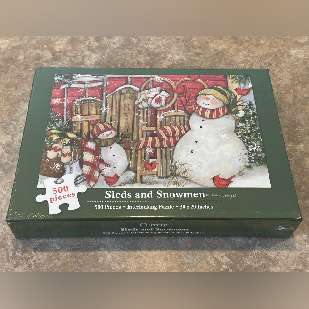 NIB Current Sleds and Snowman 500 pc Puzzle Factory Sealed 30x20 Susan Wingert